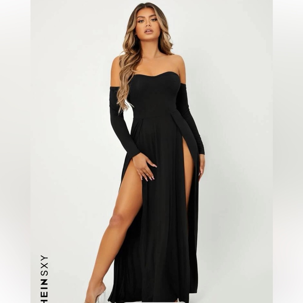 SHEIN SXY Off Shoulder High Split Dress in black size large new only worn once
